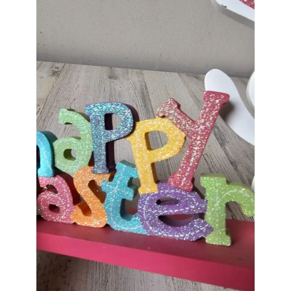 Happy Easter Bunny rabbit sign‎ decor glitter sparkle pastel